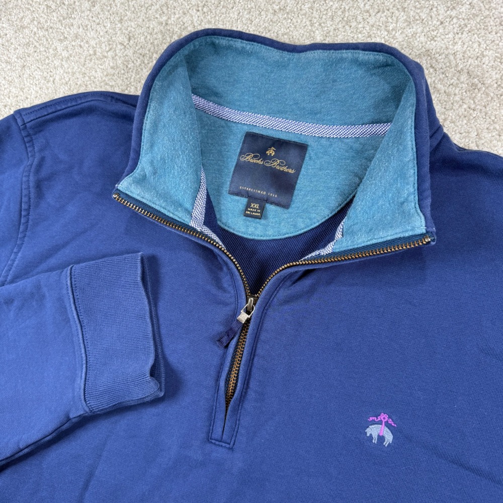 Brooks Brothers Quarter Zip Pullover Mens XXL Blue Cotton Mock Neck Sweatshirt